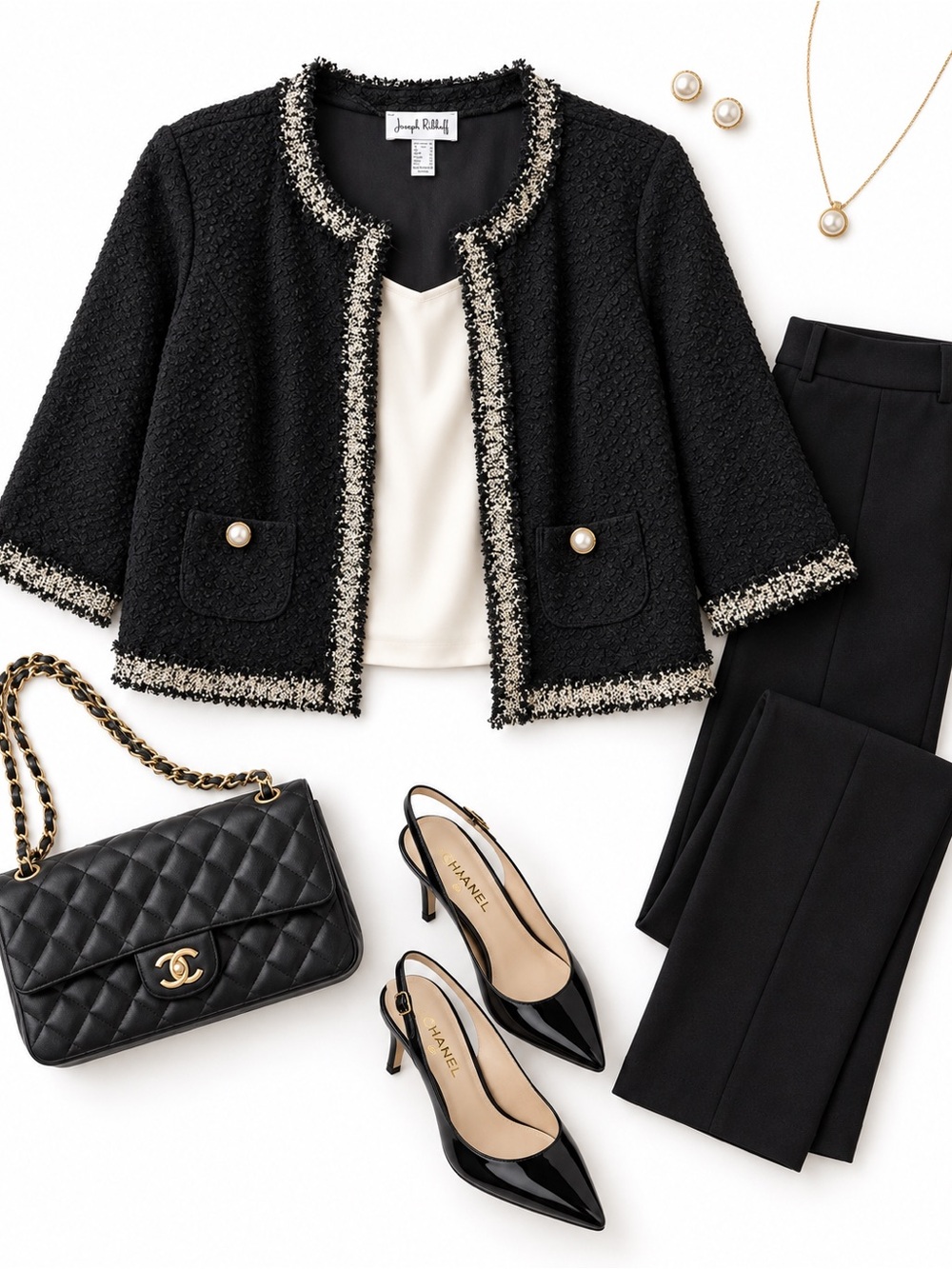 Joseph Ribkoff Black Tweed Cropped Blazer with Cream Trim